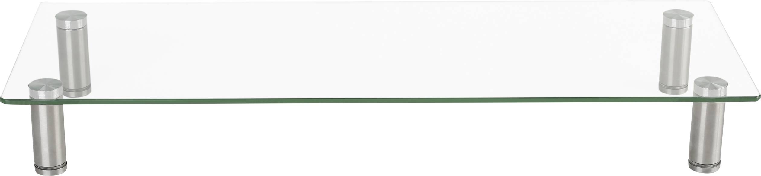 A modern, rectangular coffee table with a glass top and four silver metal legs.