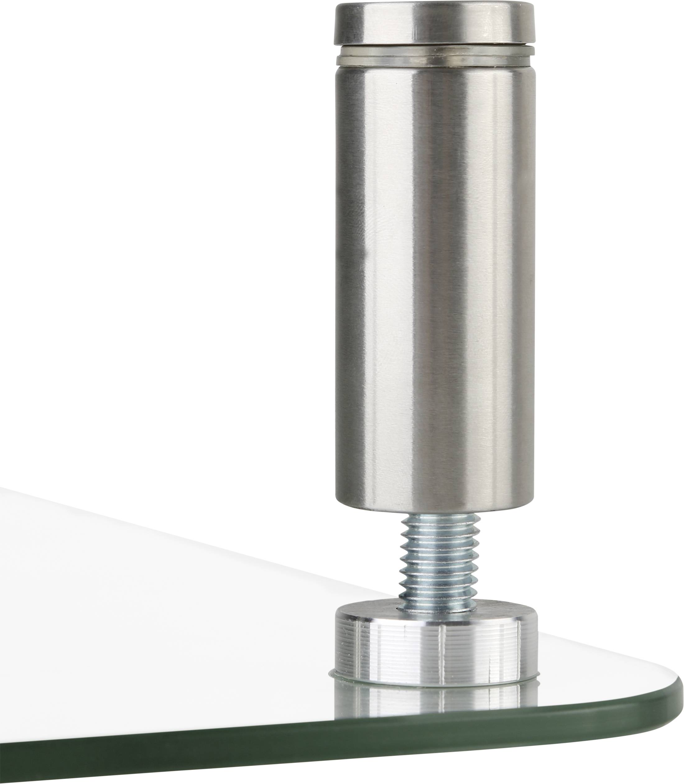 A stainless steel shelf bracket securely connects a glass shelf to a metal mounting bracket using a screw.