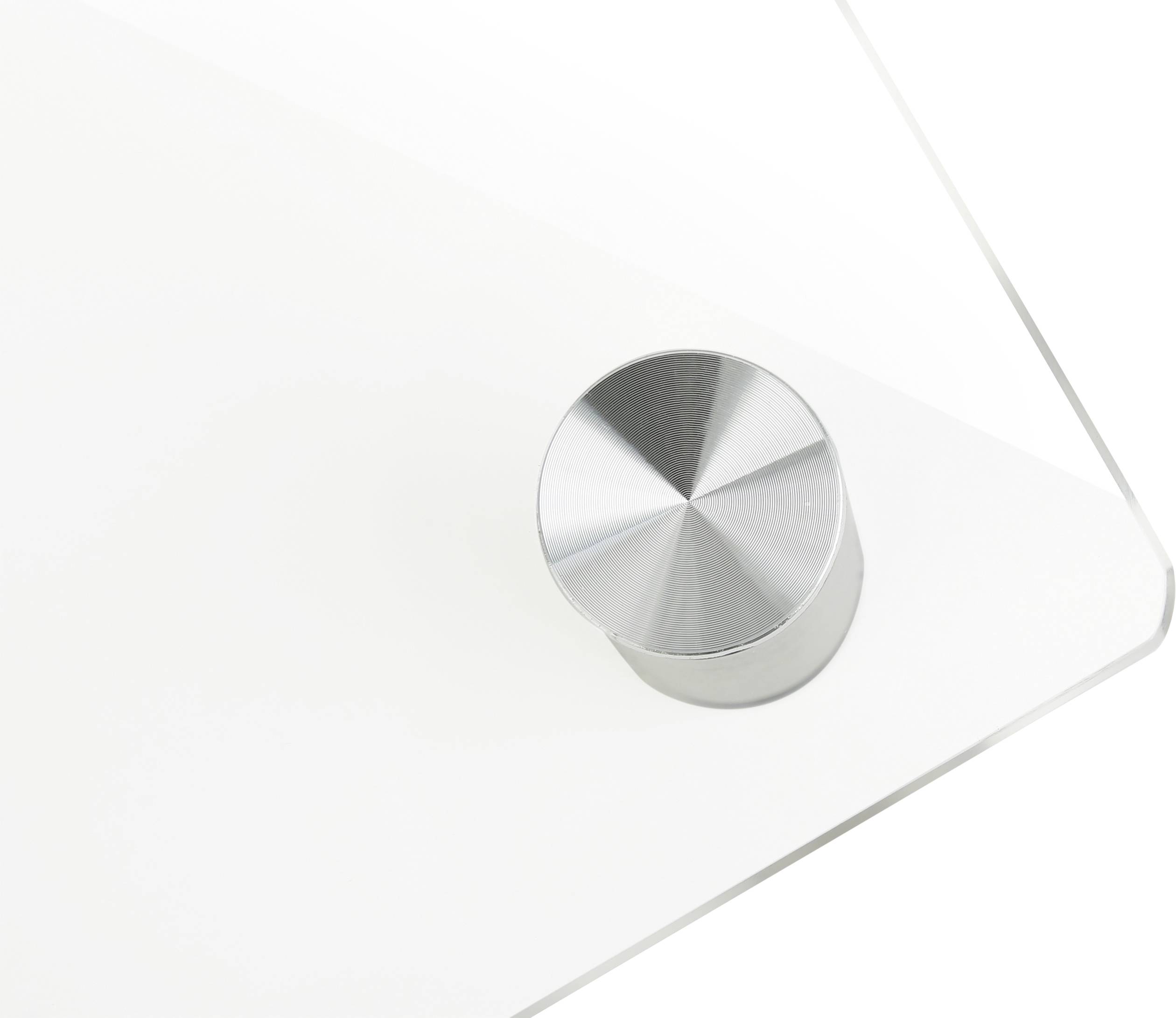 Translucent metal rotary knob positioned on a transparent glass panel, viewed from an angled perspective. Minimalist design.