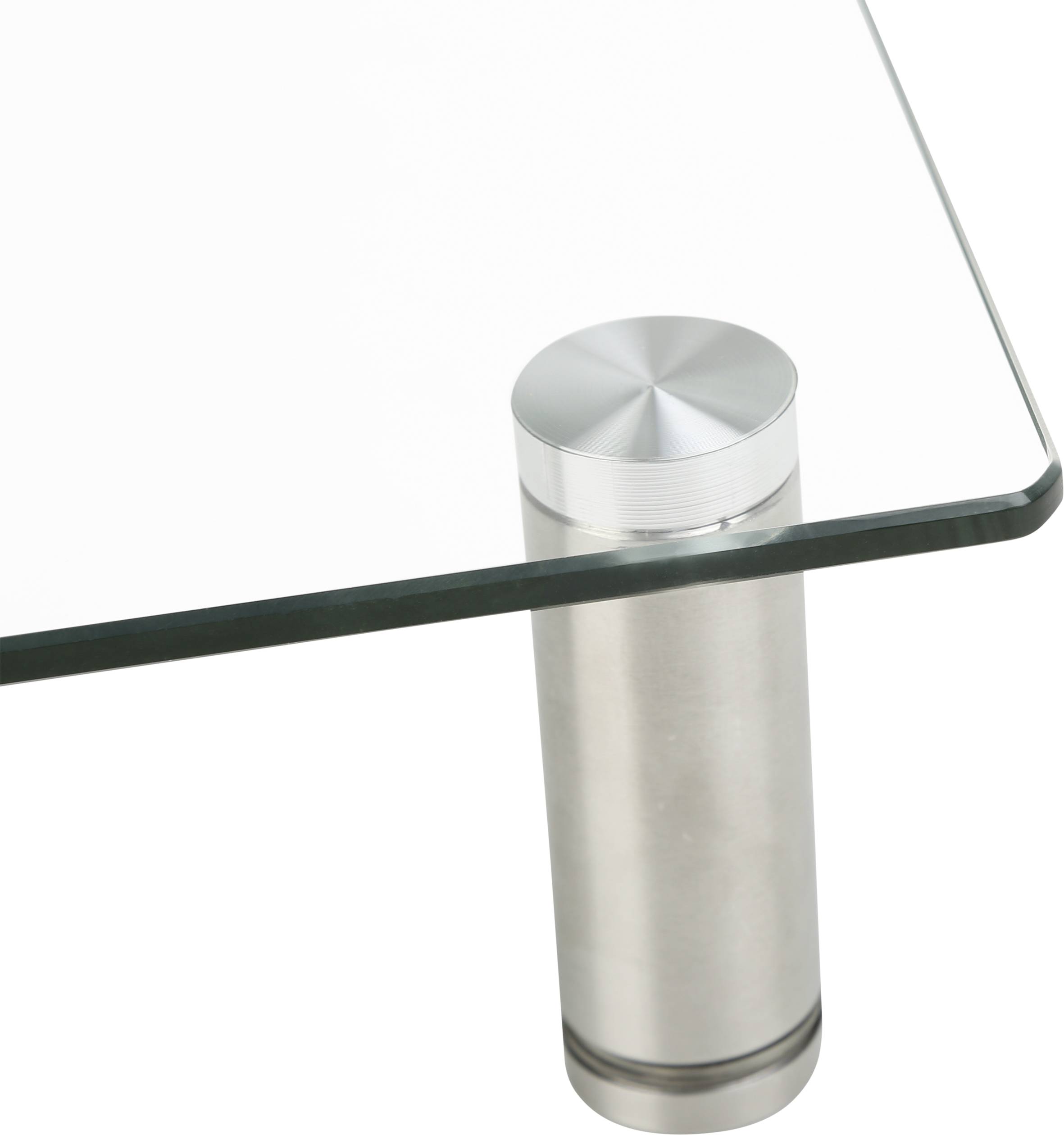 'Glass table with round, silver metal legs and a rectangular tabletop.'