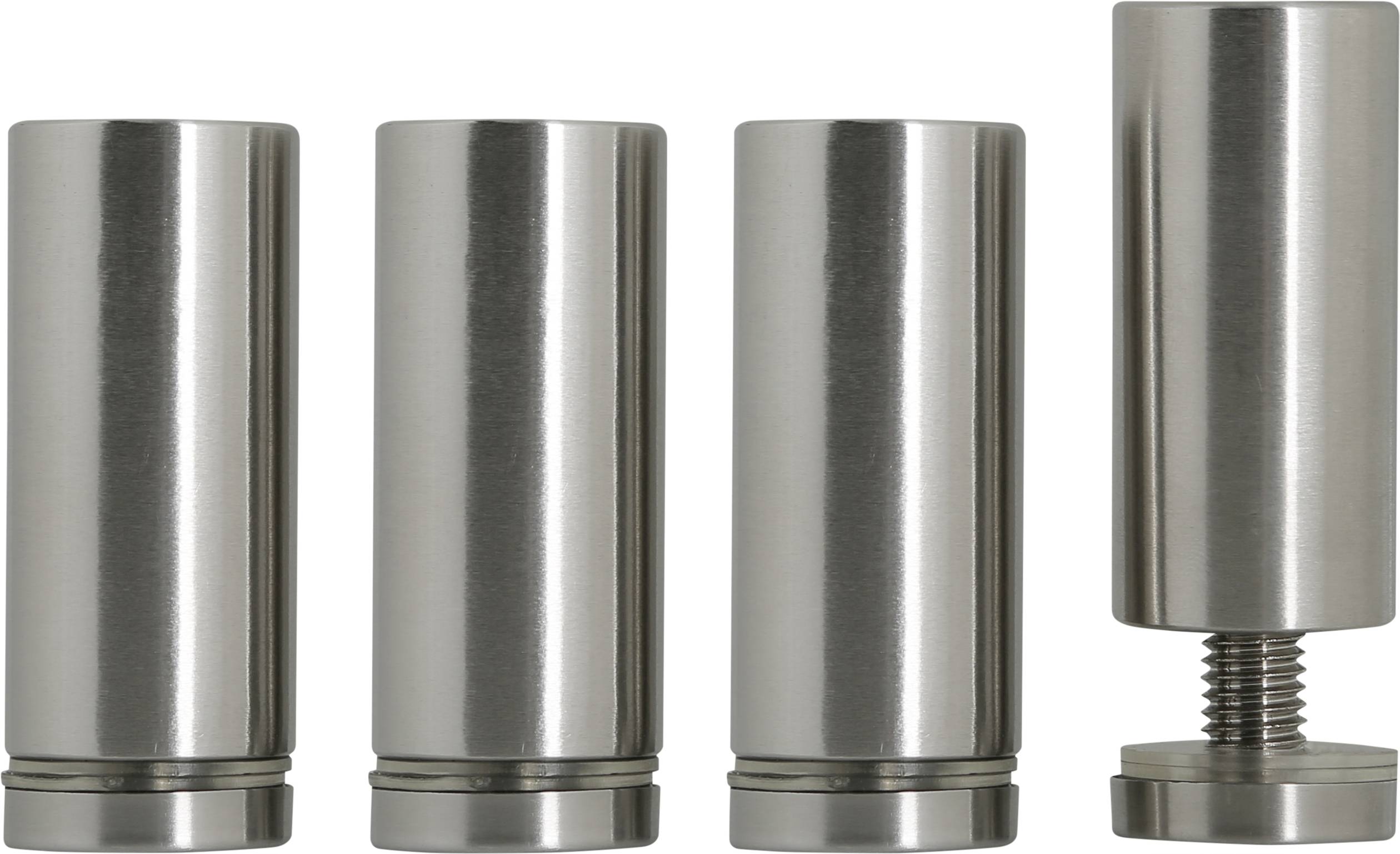 Three identical steel cylinders stand side by side. A fourth cylinder on the right is partially raised and shows a screw thread.