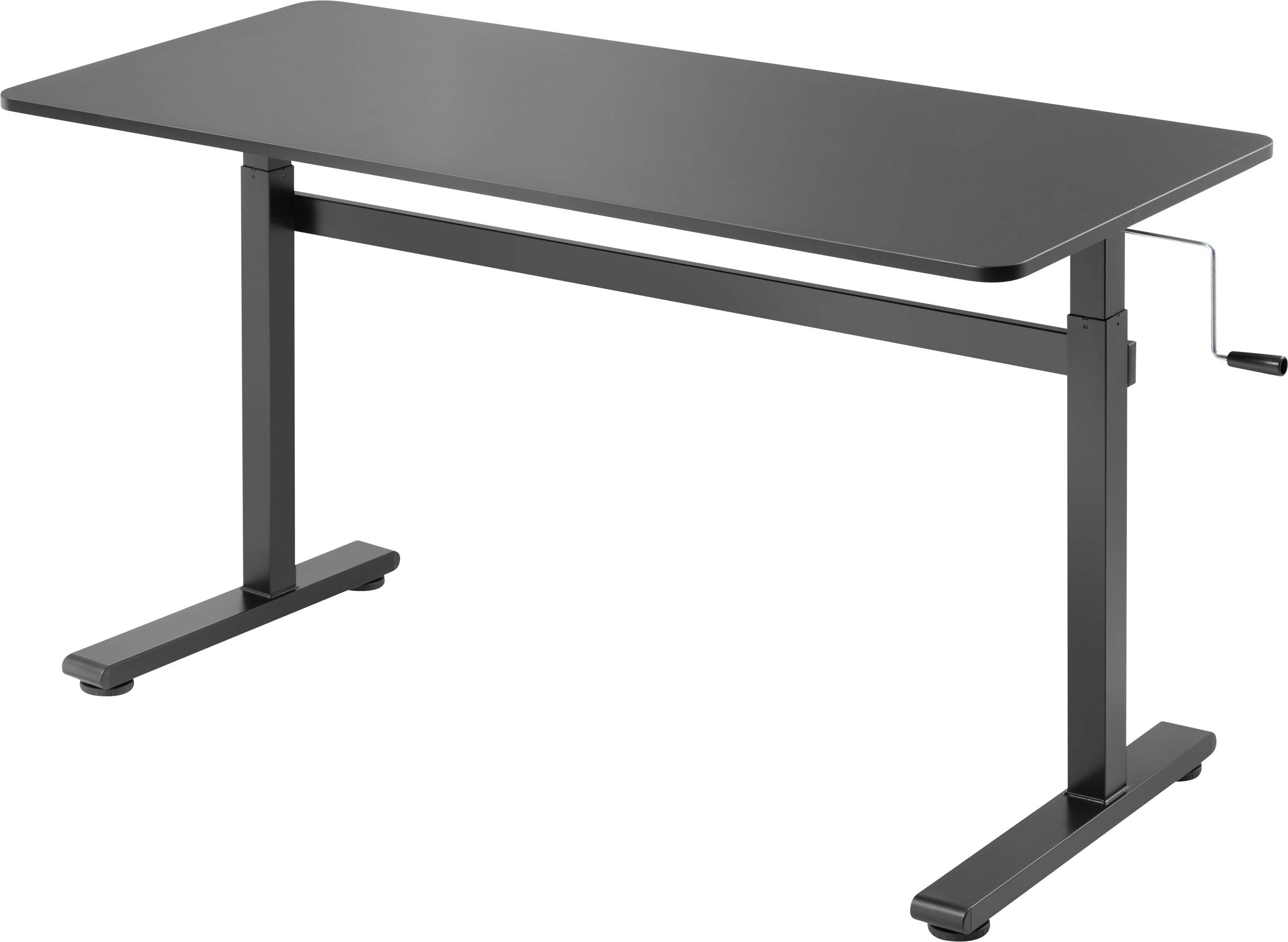 Black height-adjustable desk with crank mechanism, rectangular tabletop, two table legs. Ideal for flexible working while standing or sitting.