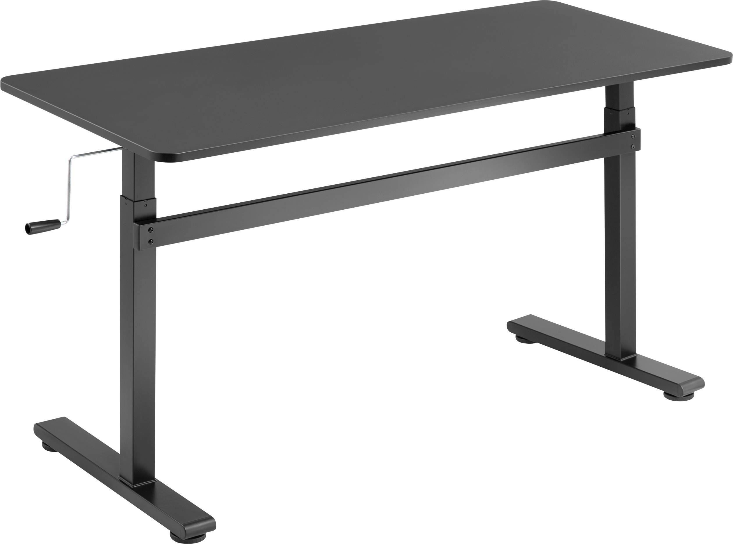 Height-adjustable desk with manual crank, black finish, on robust steel legs. Ideal for ergonomic working.