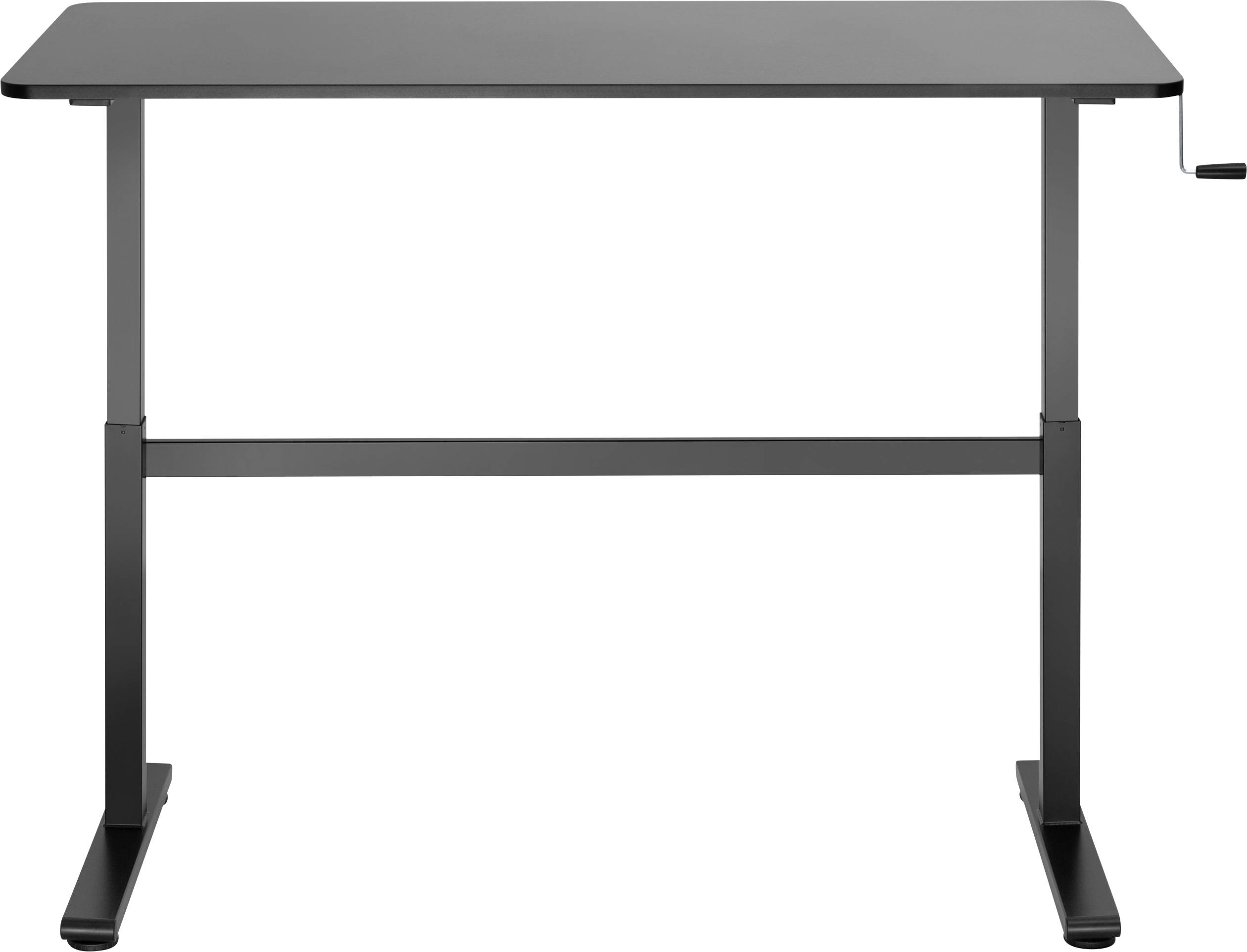 A height-adjustable desk with a crank mechanism, black tabletop and legs. Perfect for flexible working environments.