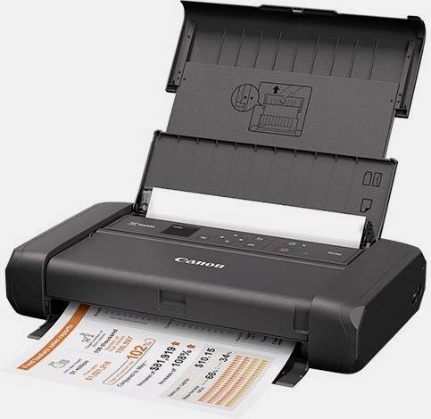 A compact, black printer with a printed sheet of paper emerging. Ideal for mobile use or small offices.