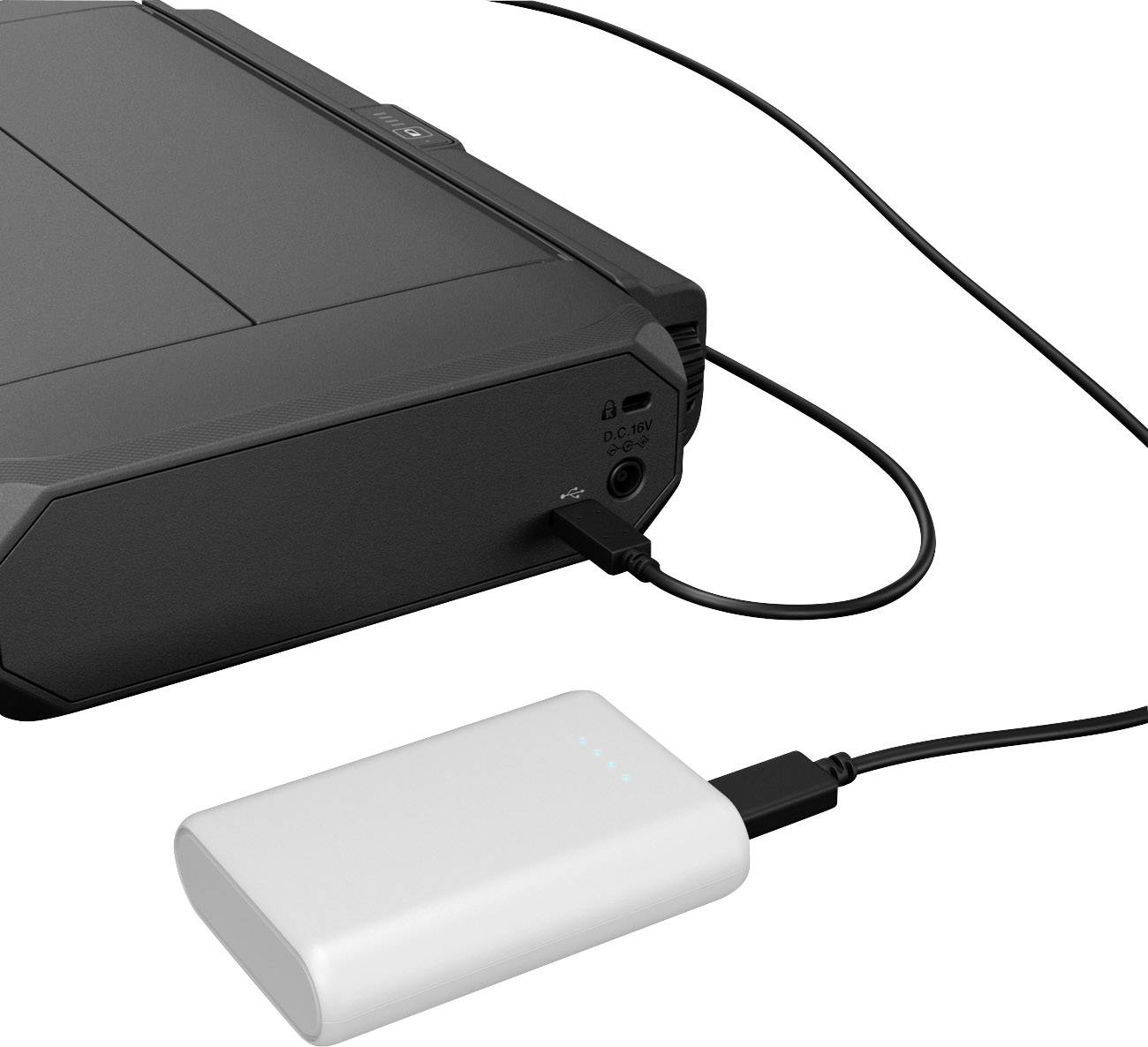 A portable printer is connected to an external white battery. The battery display shows four illuminated dots.