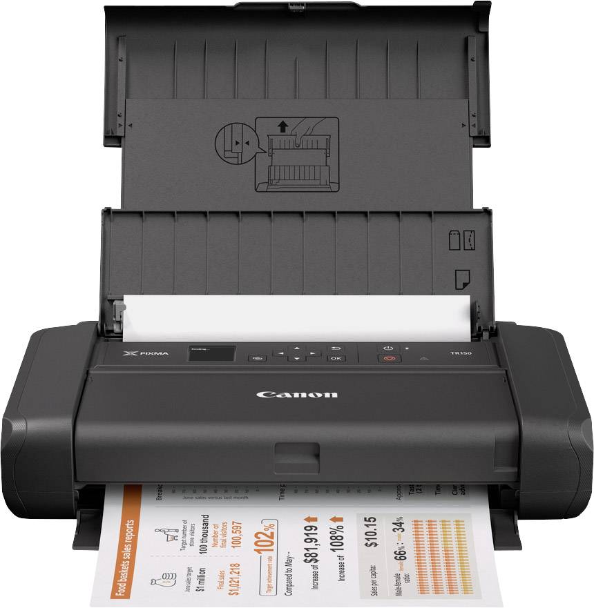 Portable printer with its paper tray open and a document being printed. Brand name visible on the device.