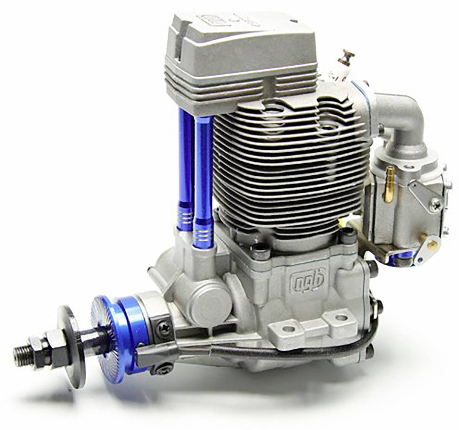 Two-stroke engine with blue piston, silver fins, and carburettor. Compact design, suitable for small machines or models.