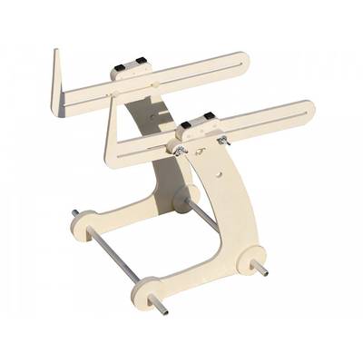 A beige wooden construct, possibly a mounting stand with adjustable arms and screws for securing.