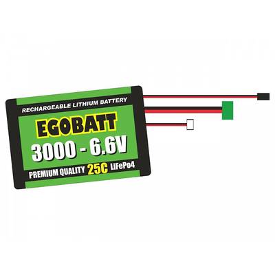 Battery illustration with the inscription 'RECHARGEABLE LITHIUM BATTERY EGOBATT 3000 - 6.6V PREMIUM QUALITY 25C LiFePo4', with three cables leading from the battery connection.