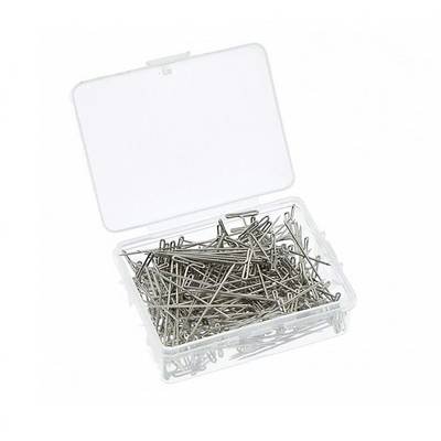 A small, transparent plastic box filled with silver splints used for securing fasteners.