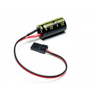A black capacitor marked '2200µF 25V' is connected with red and black cables and a black plug.