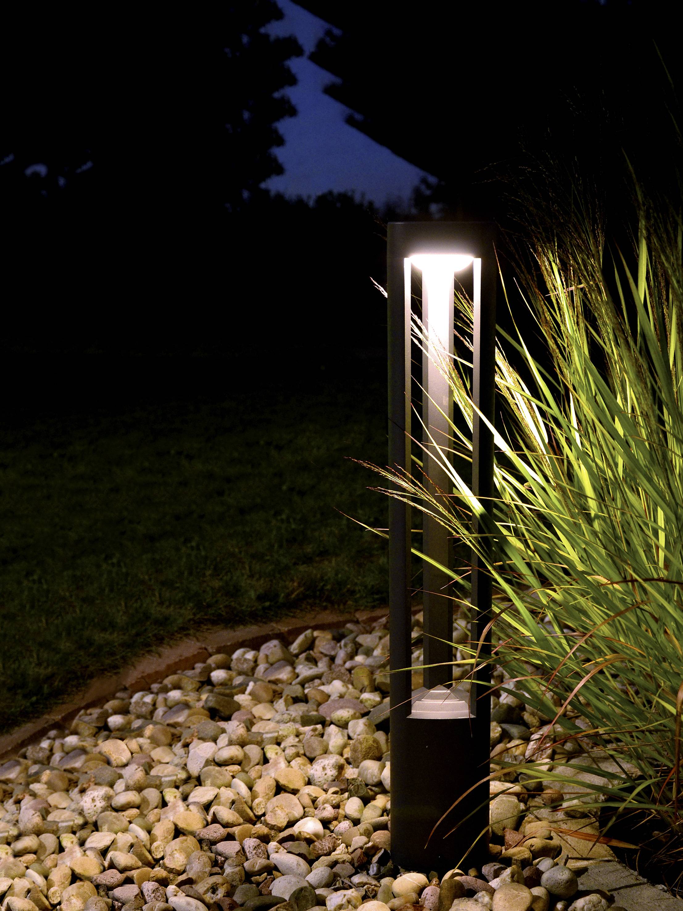 A square outdoor light illuminates a garden path of pebbles at night, surrounded by tall grasses.
