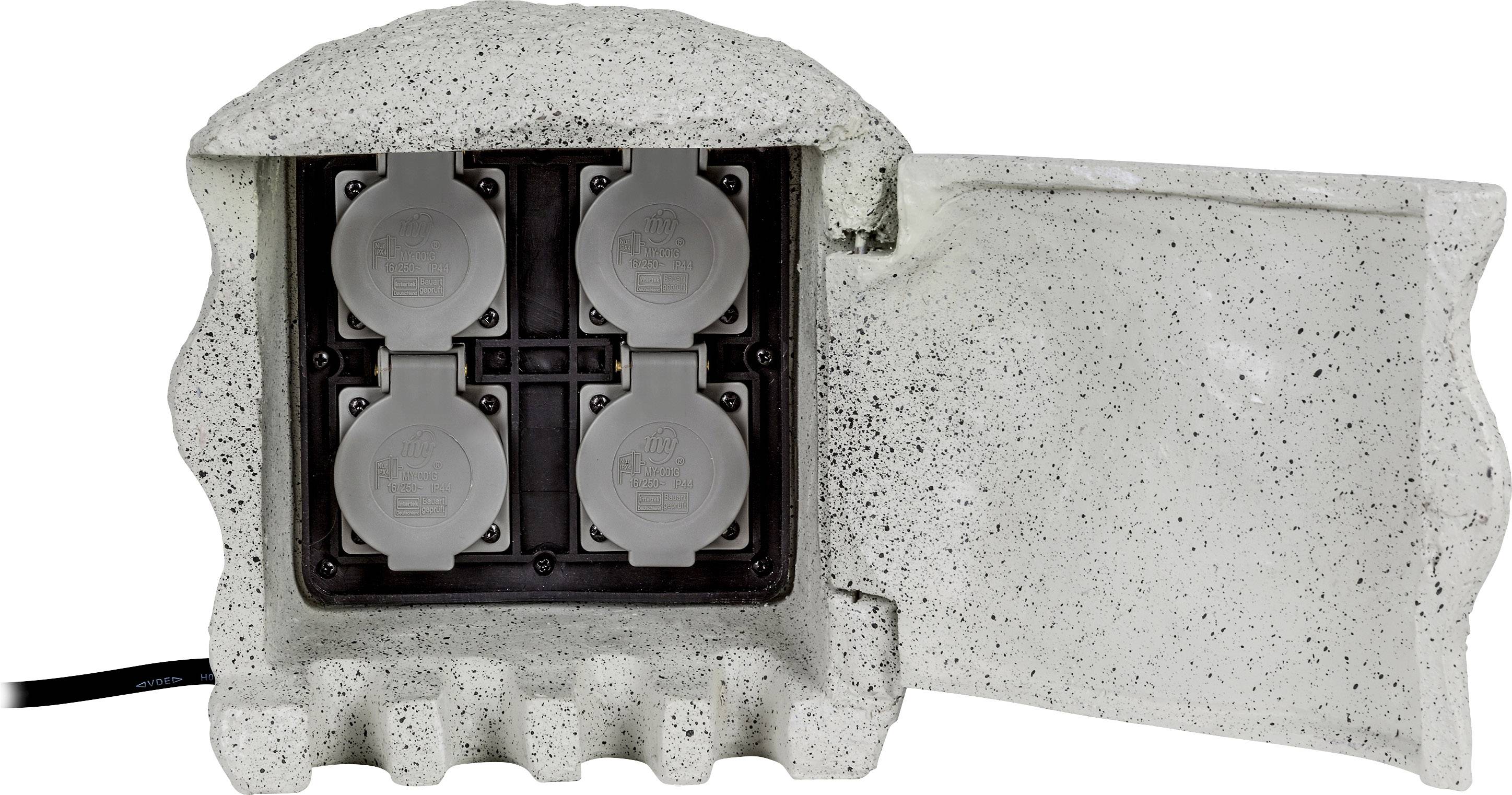 Weatherproof socket box in stone-effect finish with four sockets and cable, suitable for outdoor use.