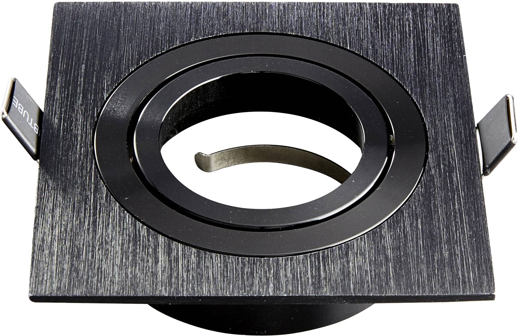 A square, black brushed recessed spotlight with a round inner frame, suitable for contemporary ceiling lighting.