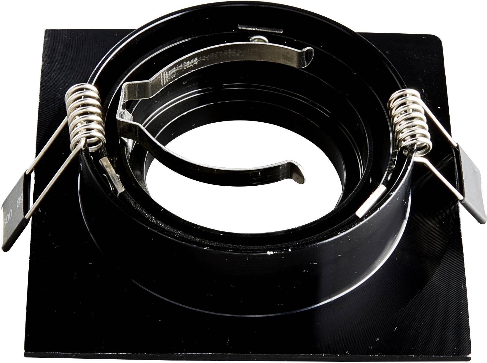 Black square mounting clip with metal brackets, suitable for securing lighting or devices in ceiling installations.