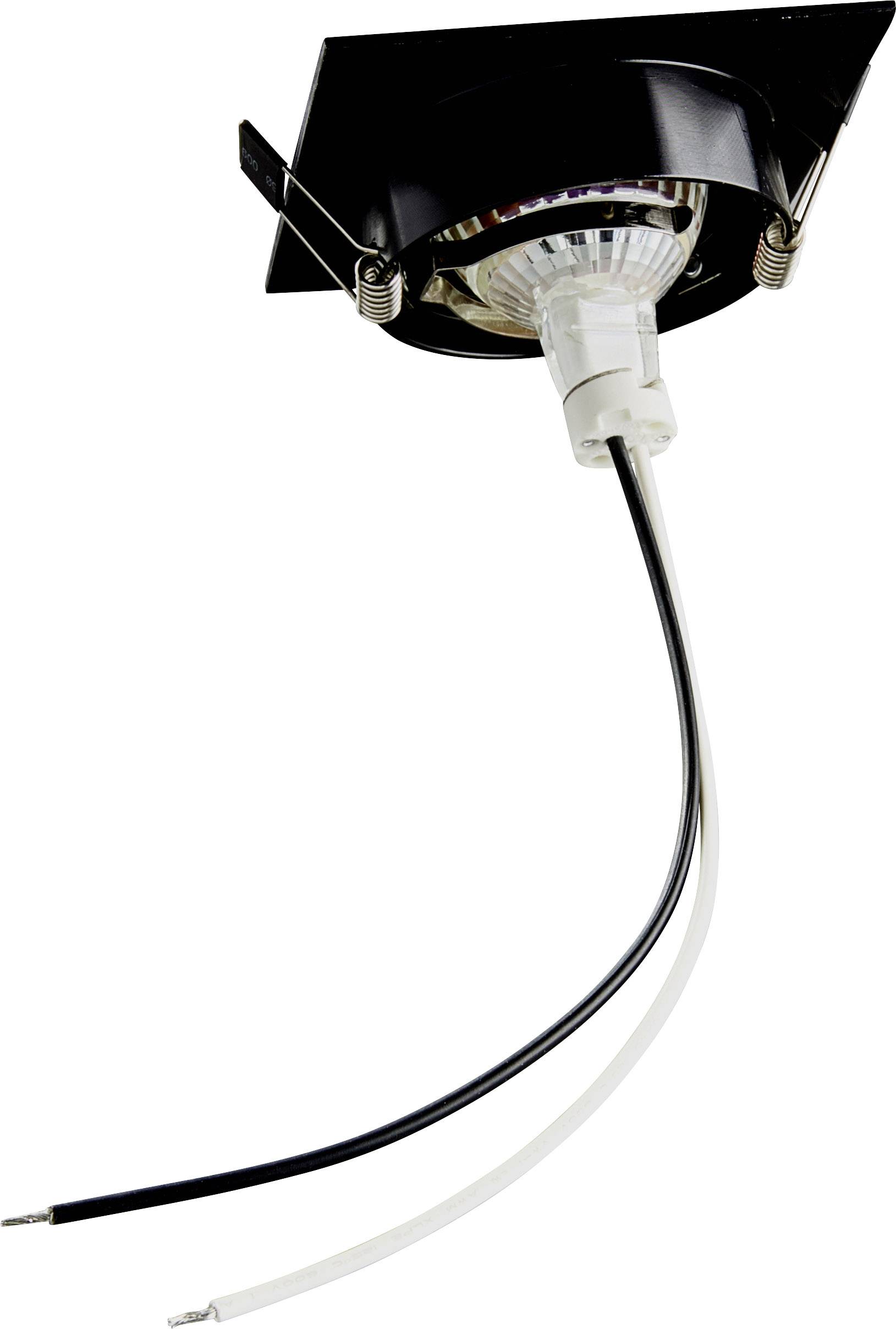Recessed light fitting with an exposed bulb and visible black and white cables, prepared for installation in a ceiling.