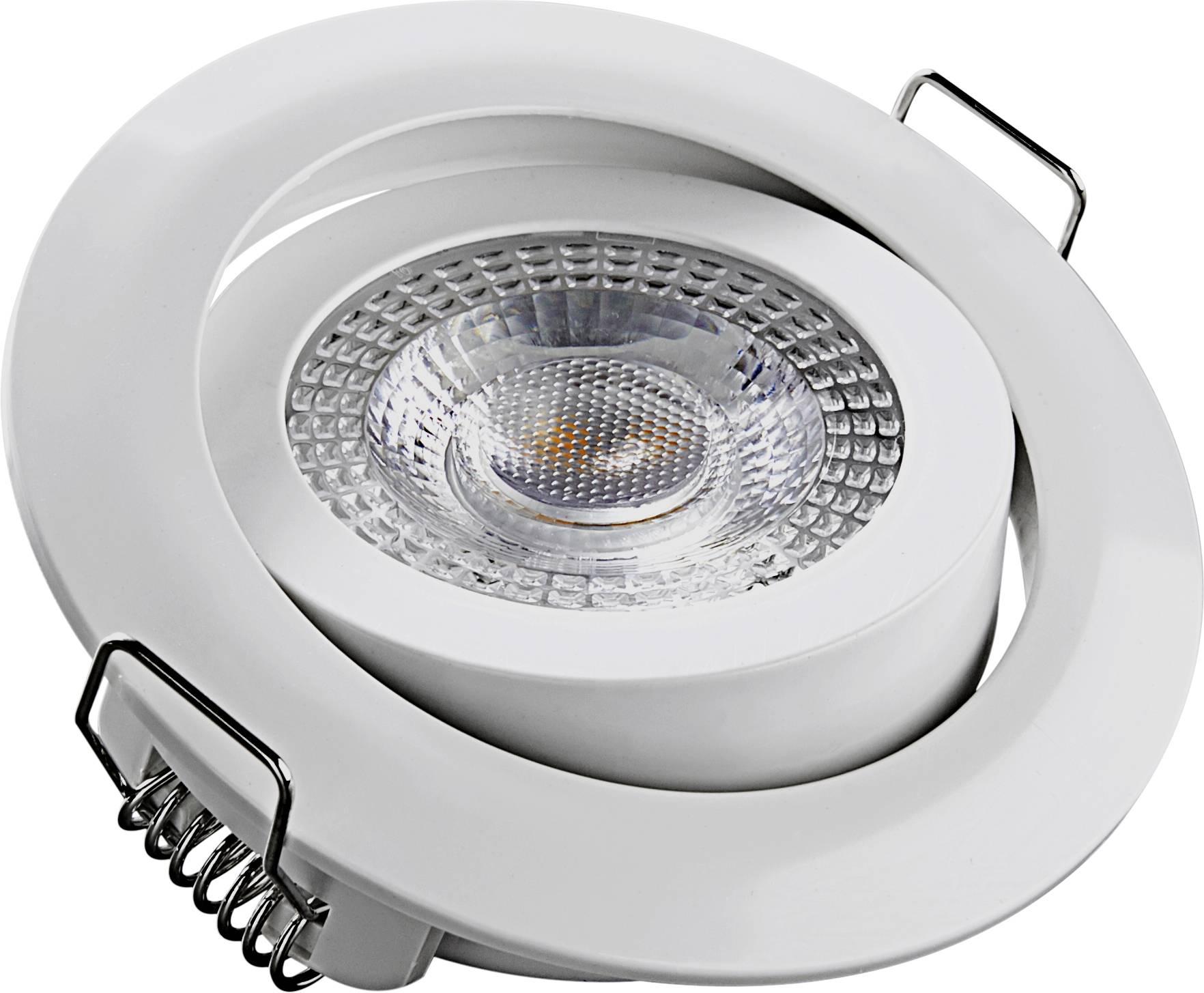 Round LED recessed light in white with silver reflector and mounting brackets. Suitable for ceiling installation.
