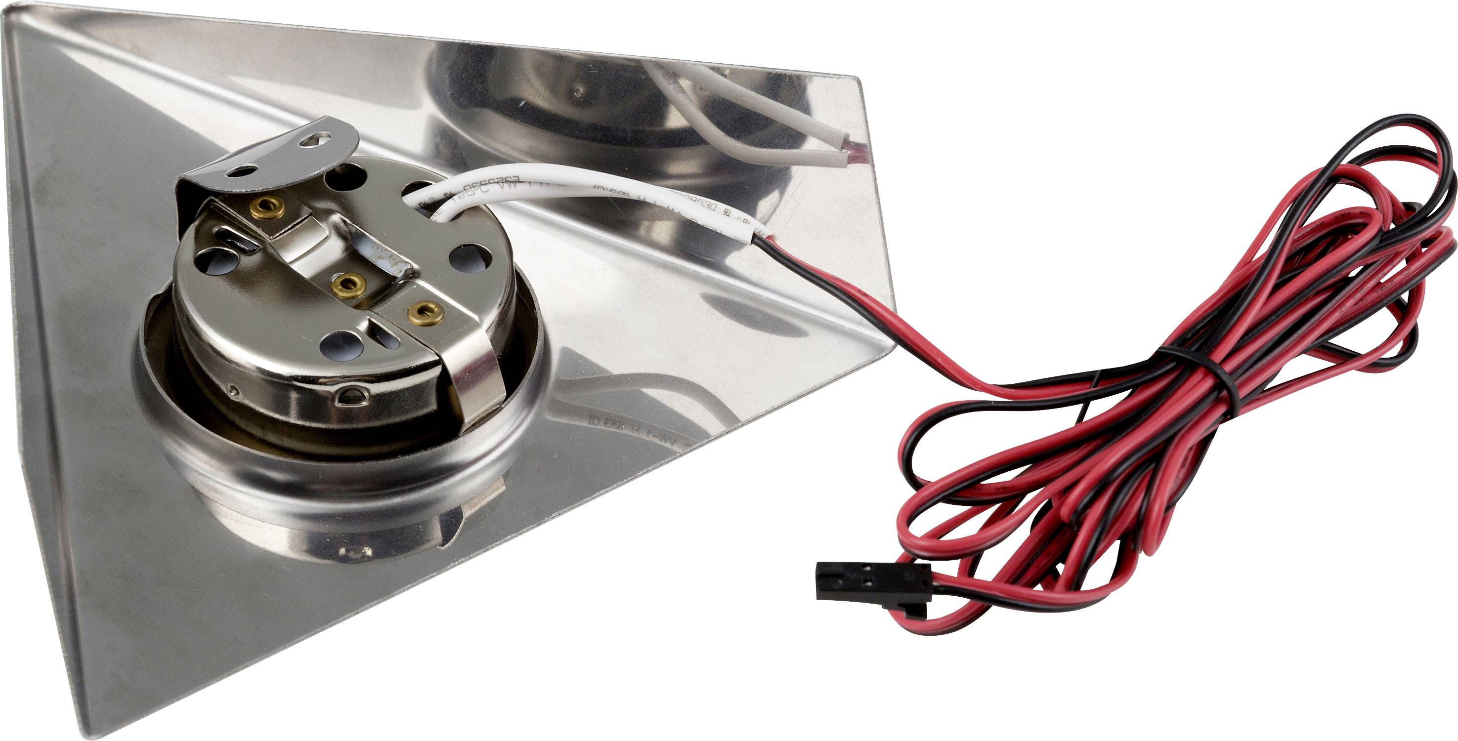Metallic triangular plate with attached electrical component and cables.
