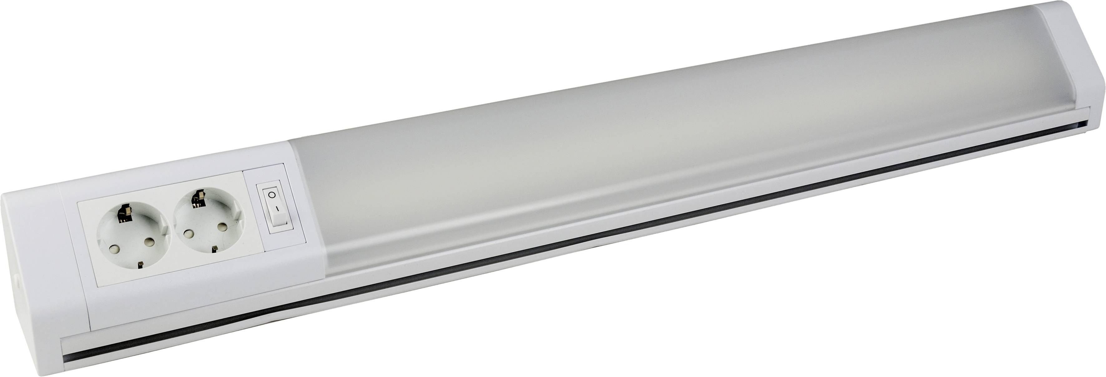 Long white lighting element with two power sockets on the side, suitable for mounting underneath kitchen cupboards.