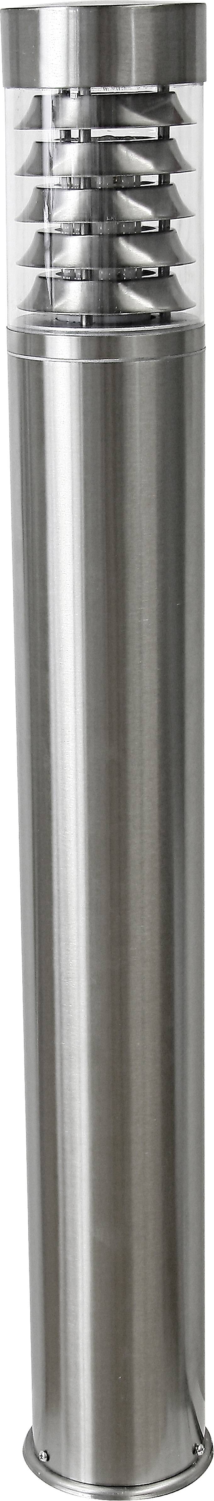 A cylindrical stainless steel lamp with a ribbed protective cover, suitable for outdoor use.