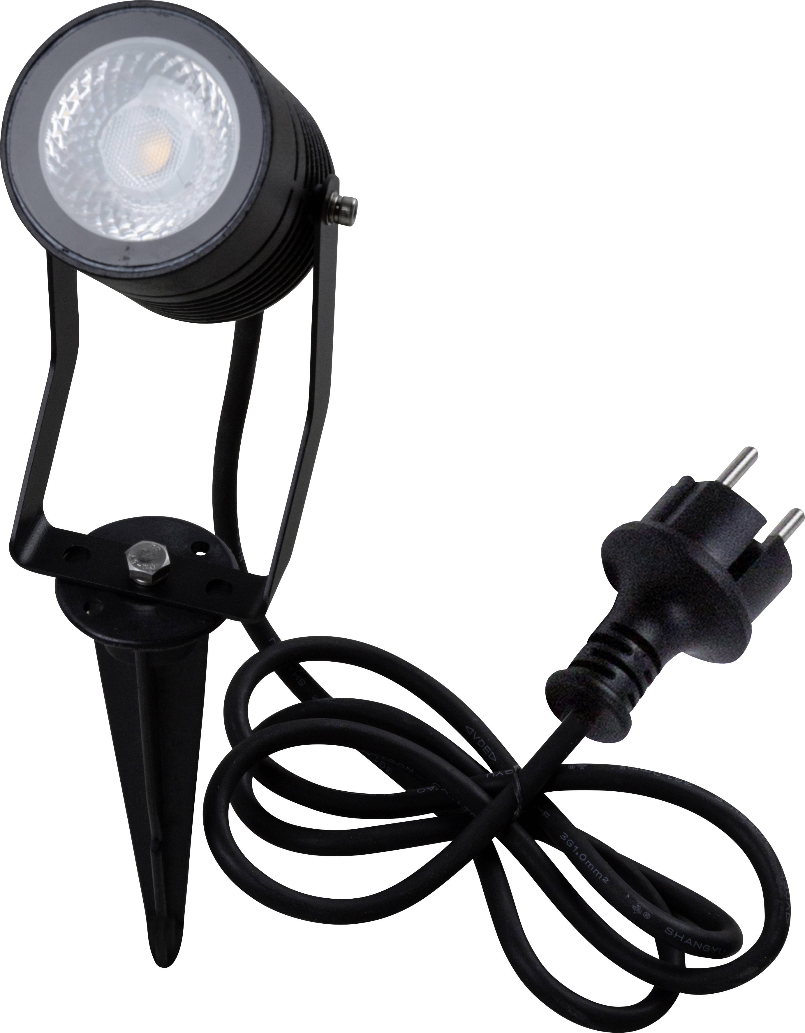 A black LED floodlight with ground spike and power cable, suitable for outdoor lighting.