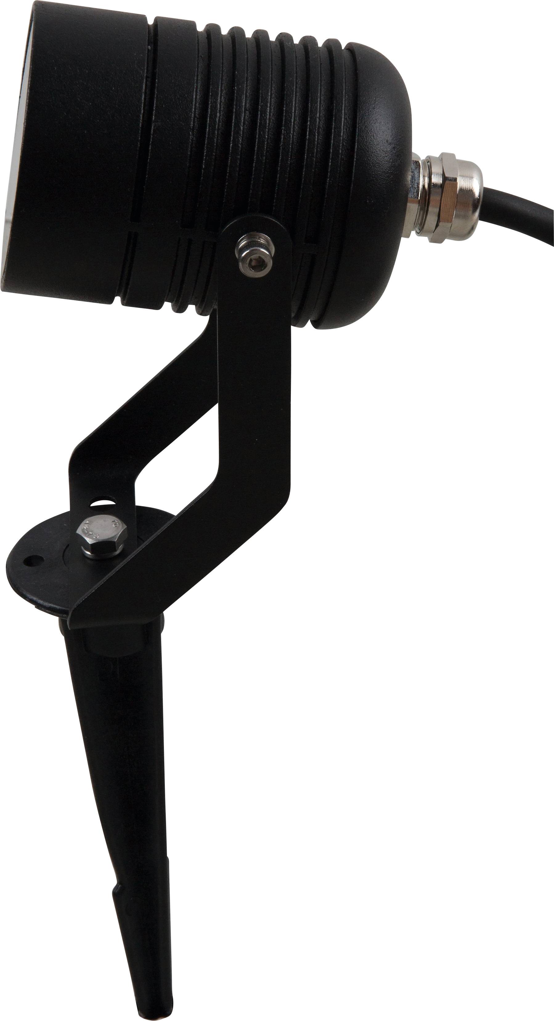 Black anodised aluminium LED spotlight with ground stake and adjustable head, ideal for outdoor lighting in gardens.