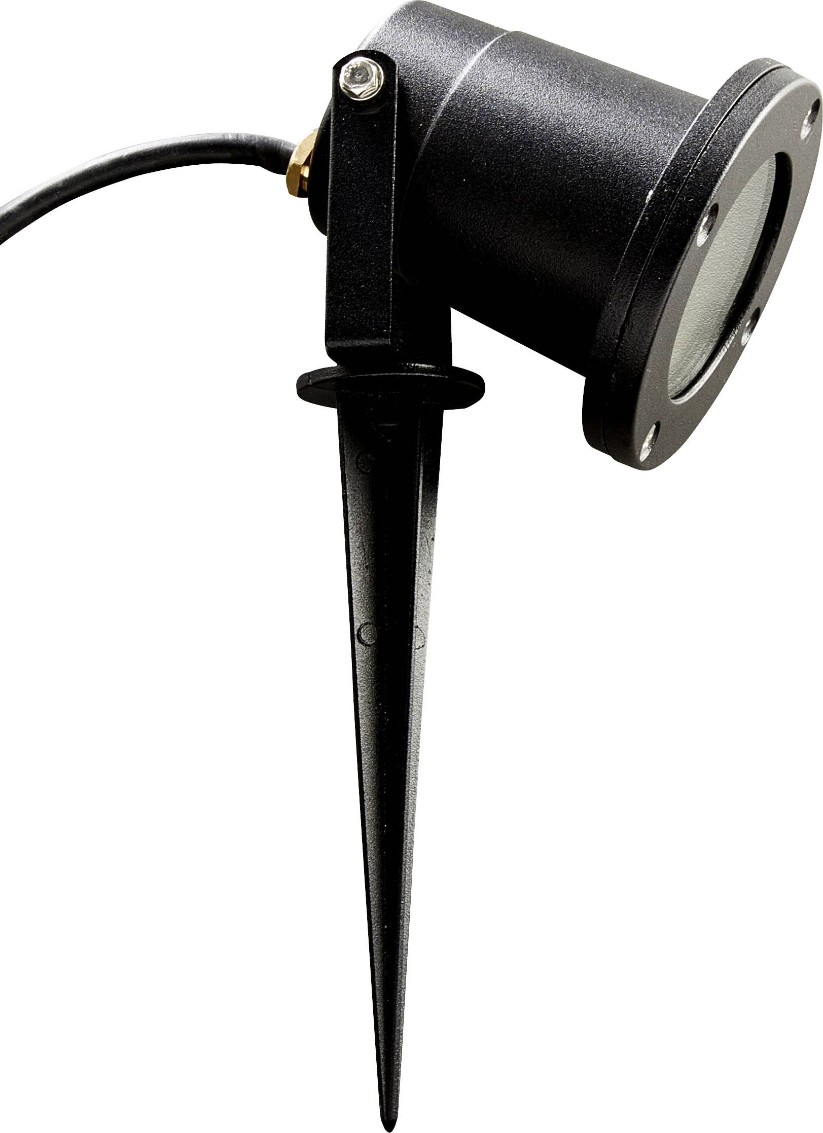 A black, cylindrical outdoor light with ground spike, suitable for illuminating external areas.
