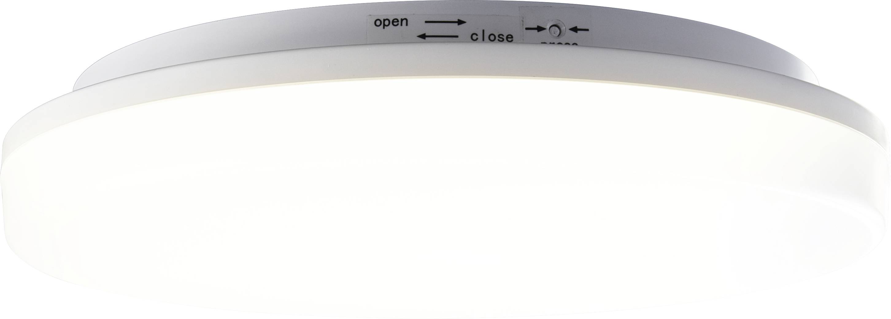 Round ceiling light with white light, with 'open' and 'close' instructions with arrows positioned at the top.