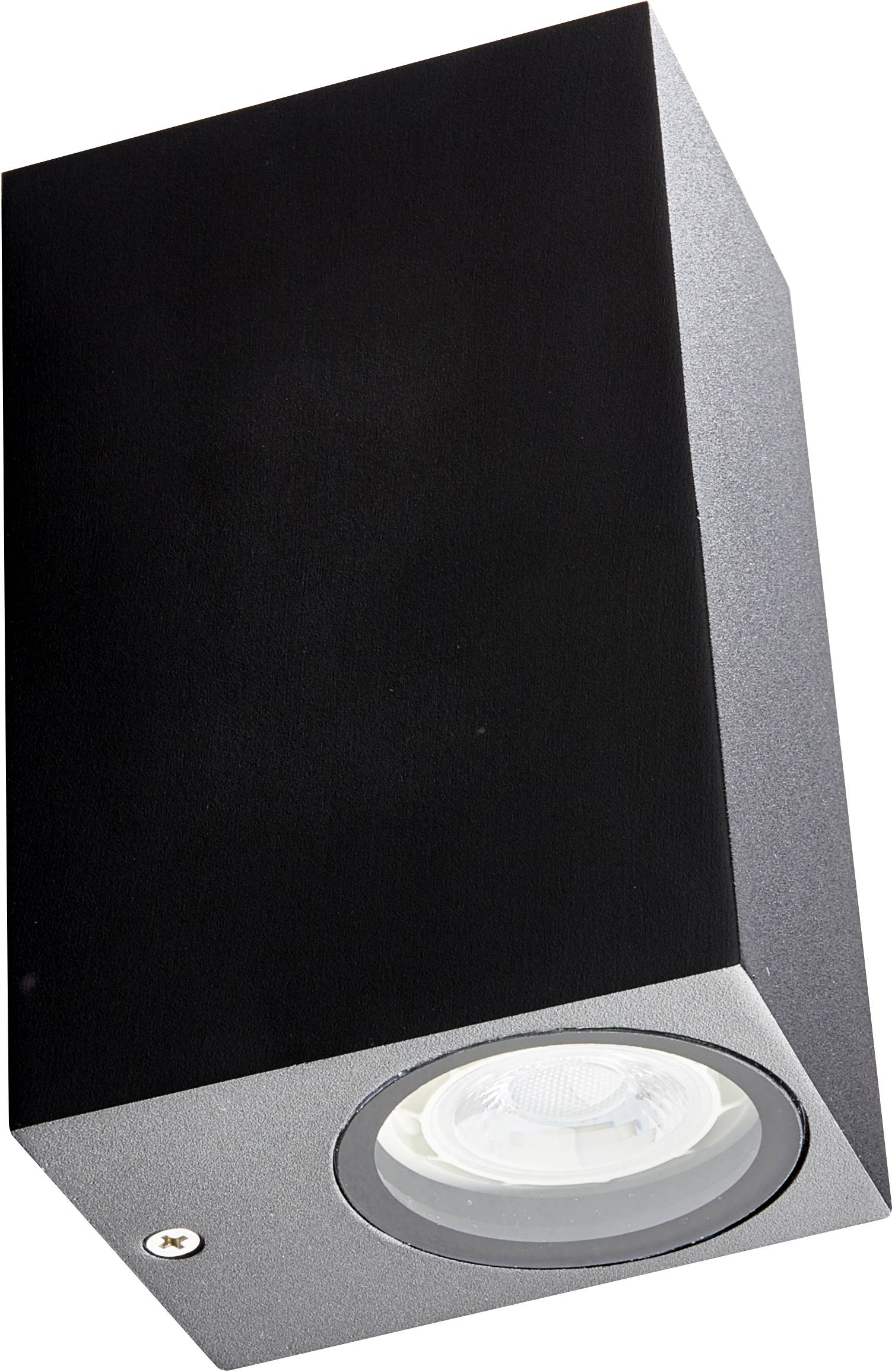 Black, rectangular wall light with downward-facing spot, suitable for modern interior or exterior design.
