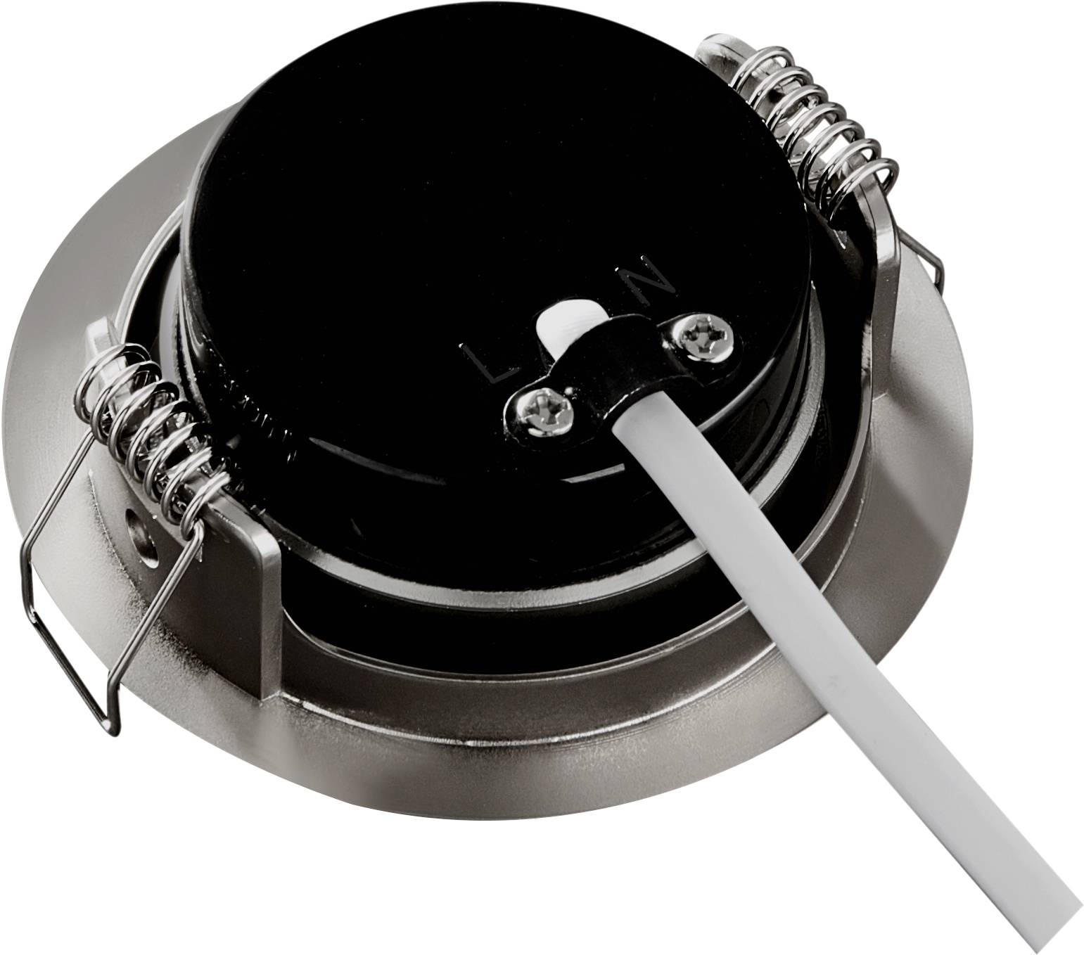 A round electronic device with a black surface and two metal clips, connected by a white cable.