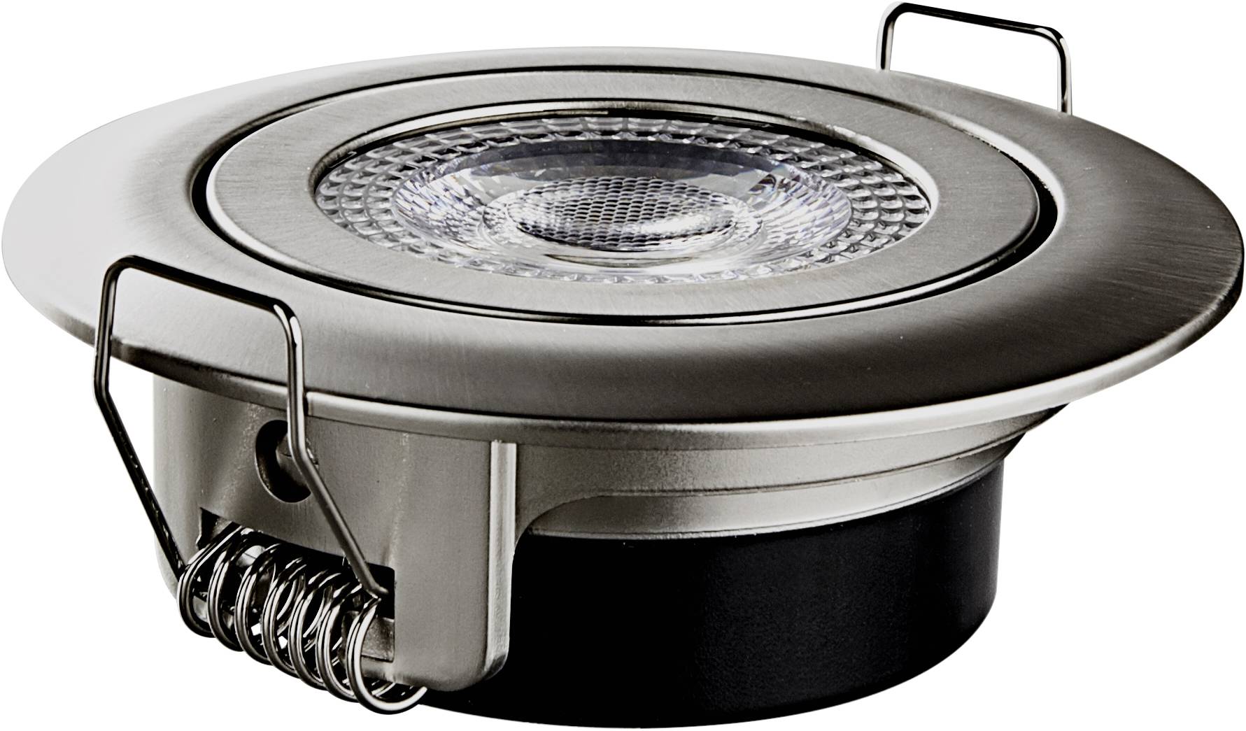 Round, silver LED recessed light with black base and two side mounting brackets, side view.