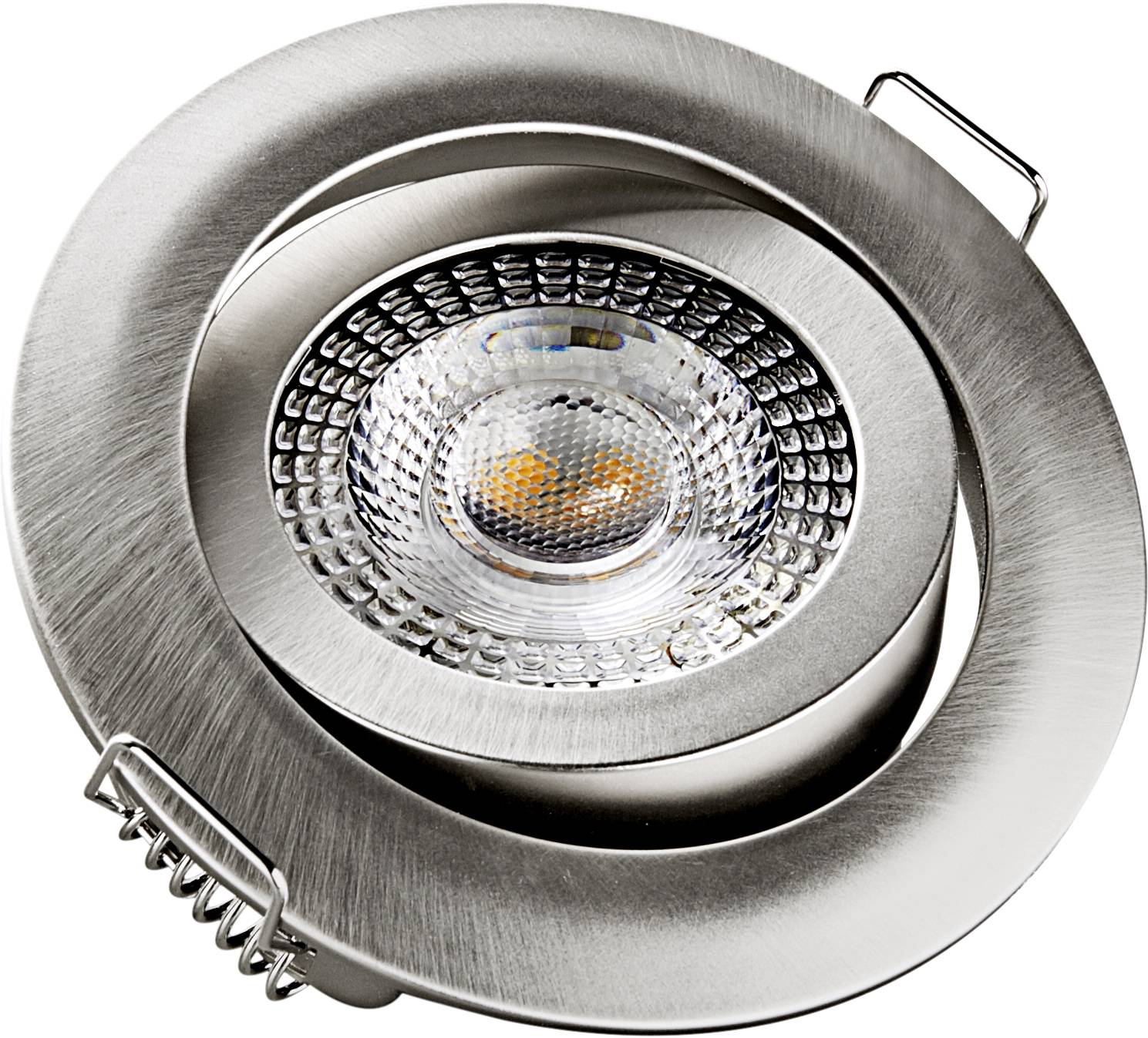 Round LED recessed spotlight in brushed metal, suitable for ceiling mounting.
