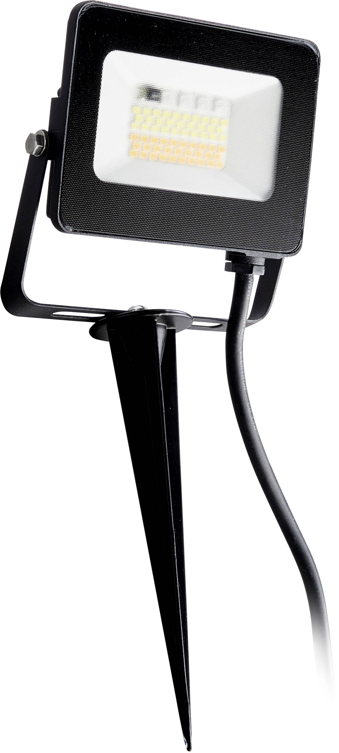 Black LED spotlight with ground spike and cable, suitable for garden lighting.