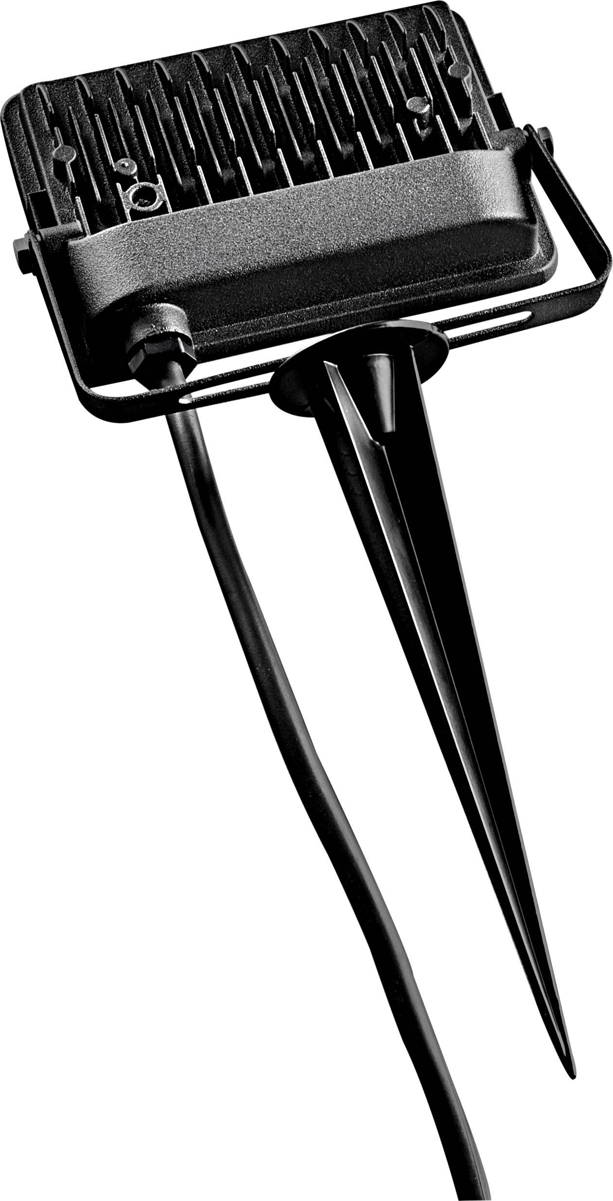 Outdoor LED light with ground spike, black housing, cable connection. Ideal for illuminating gardens or pathways.