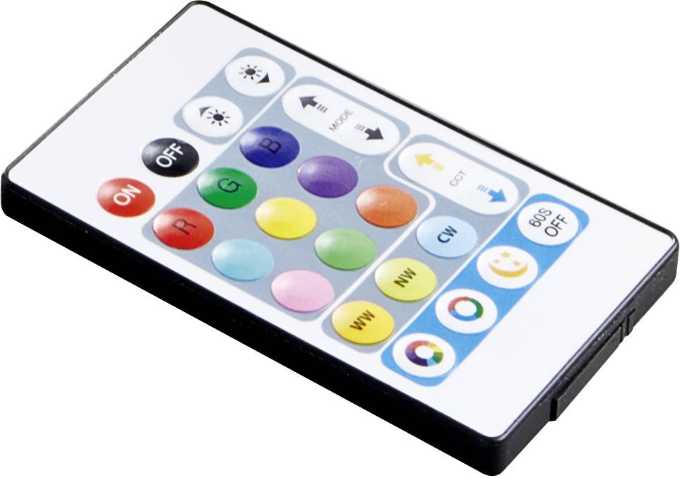 A remote control for LED lights with coloured buttons for RGB colours and modes such as 'Flash' and 'Fade'.