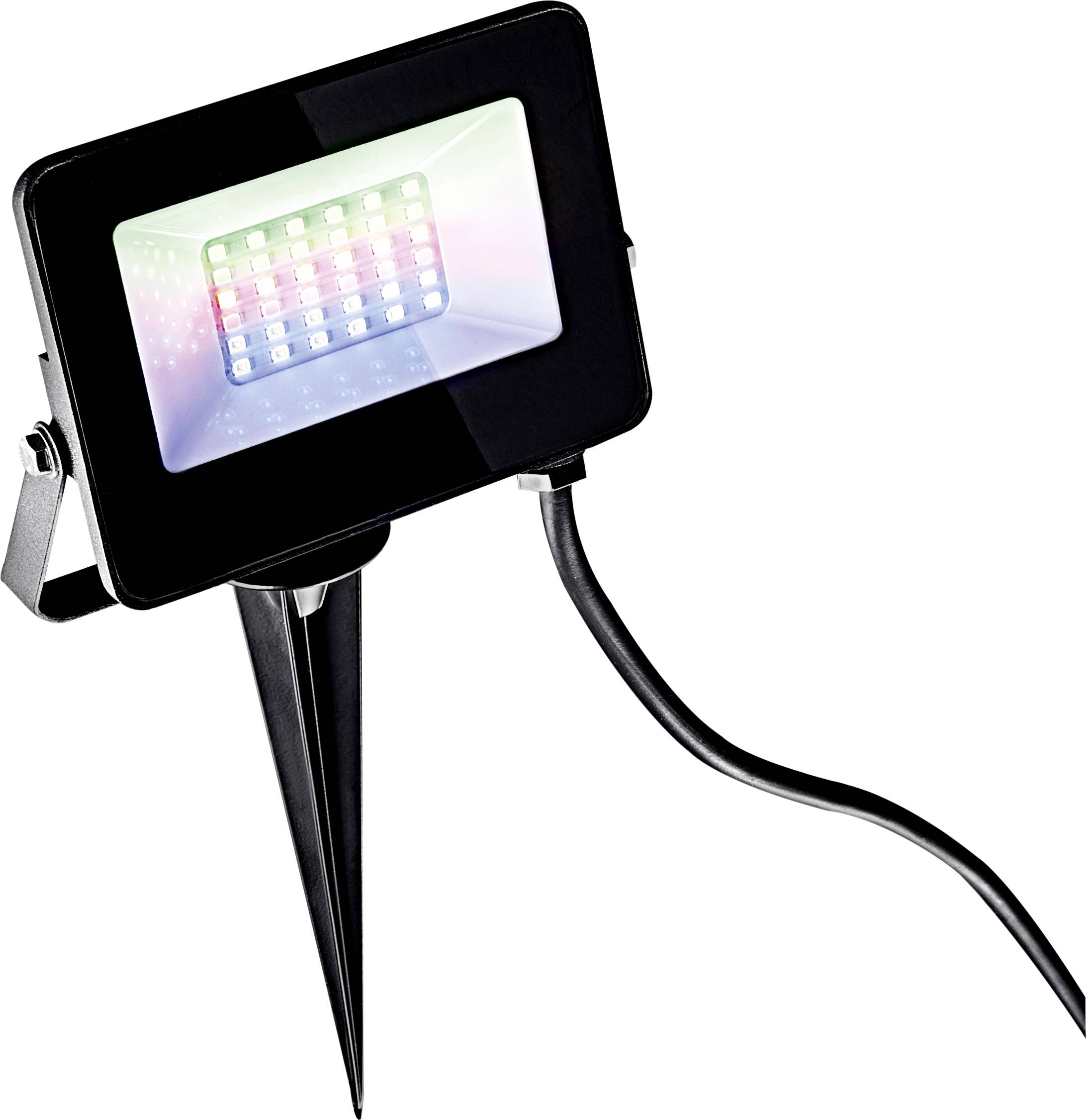 LED floodlight with ground spike, black housing, illuminated display with colour gradient, connected cable. Ideal for outdoor lighting.