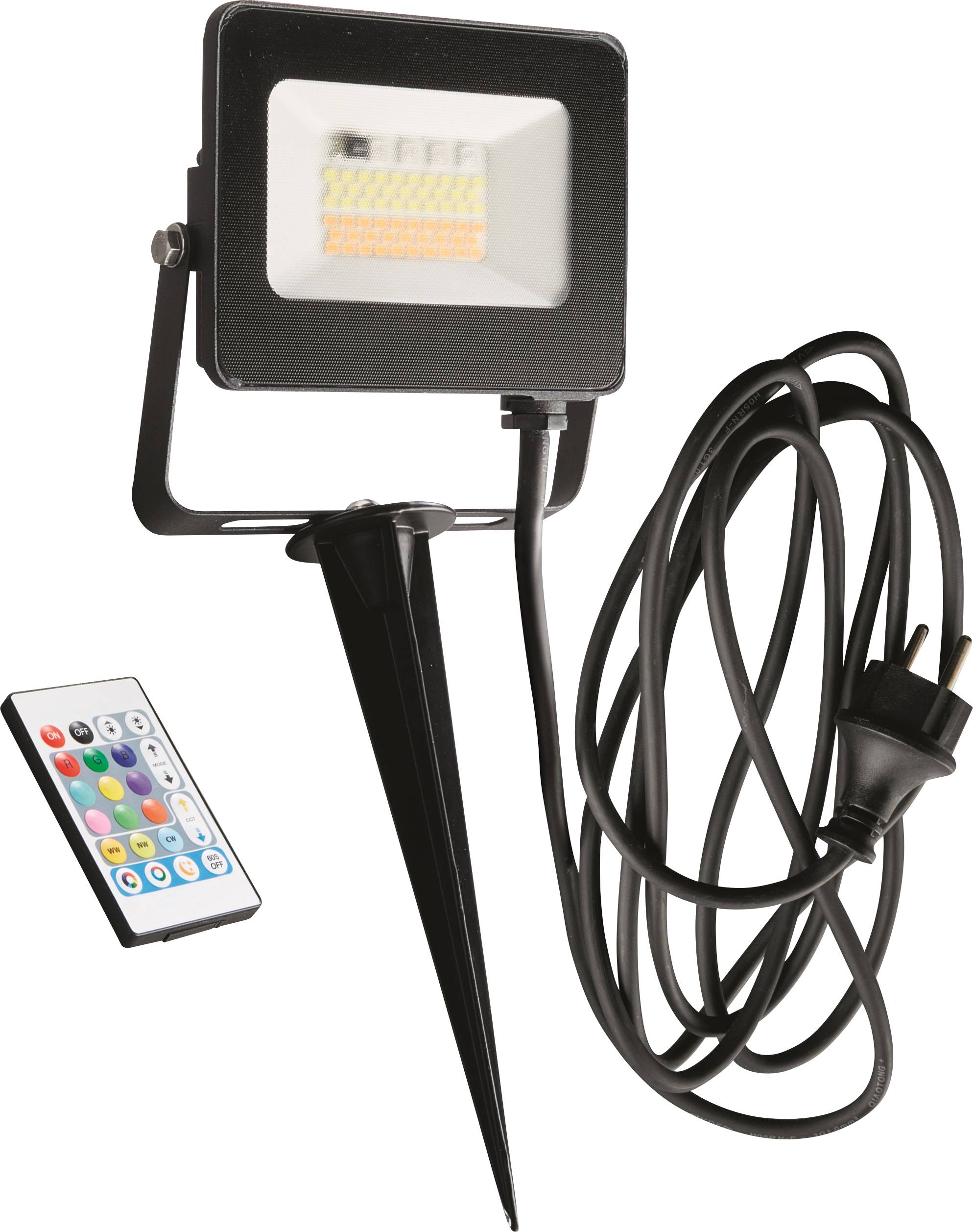 LED spotlight on ground spike with remote control and long power cable. Ideal for outdoor lighting and adjusting light colour.