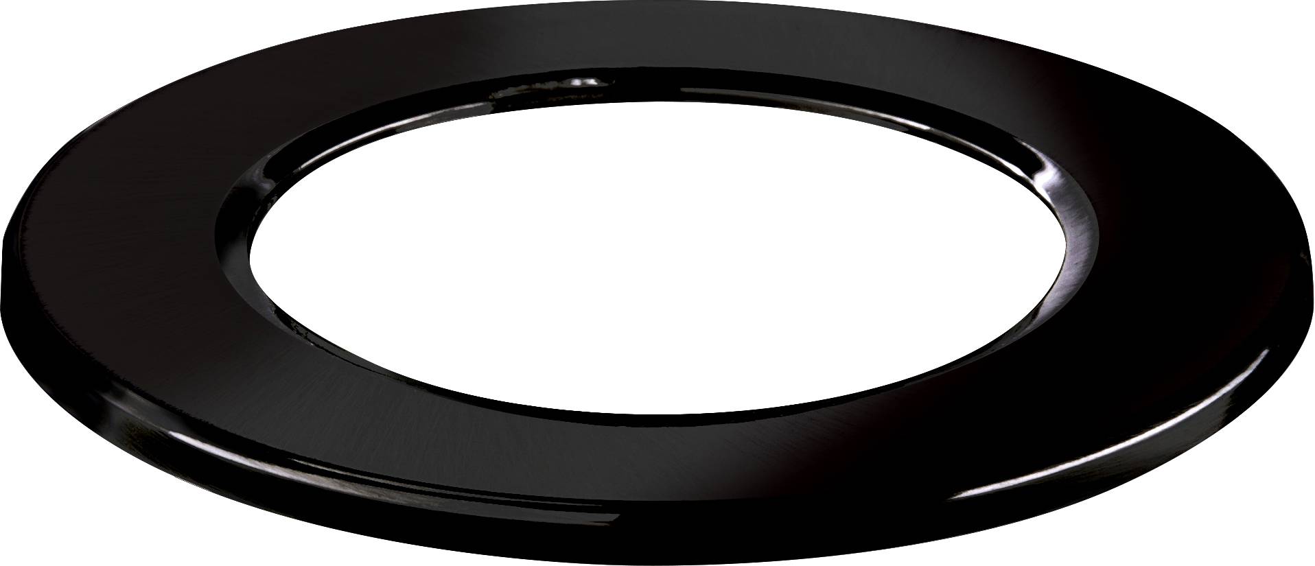 A black, flat ring with a glossy surface, which is uniformly round and has a circular opening in the centre.