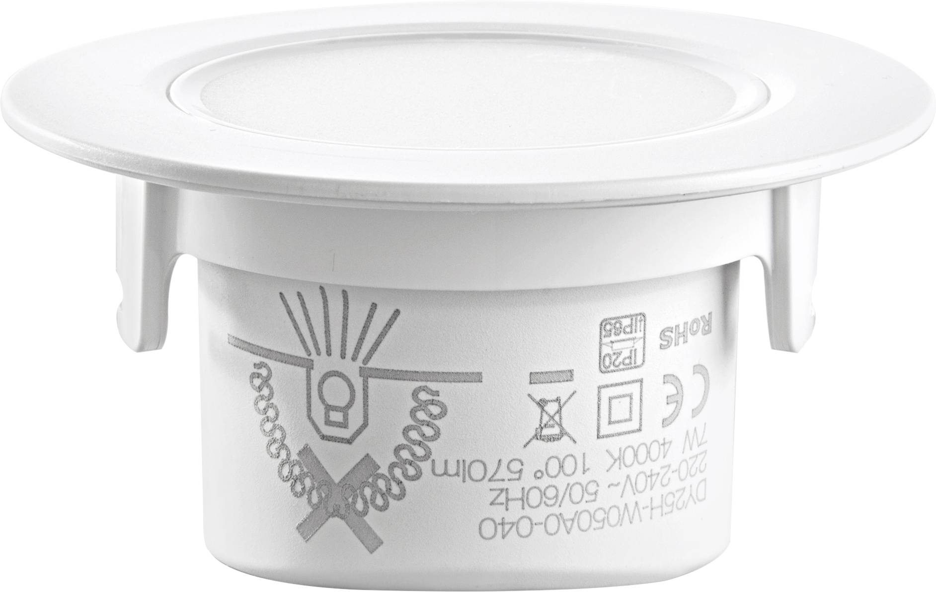 A white recessed LED light fitting with technical symbols and specifications on the side. Primarily intended for use in ceilings.