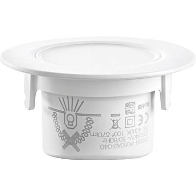 A white recessed LED light fitting with technical symbols and specifications on the side. Primarily intended for use in ceilings.
