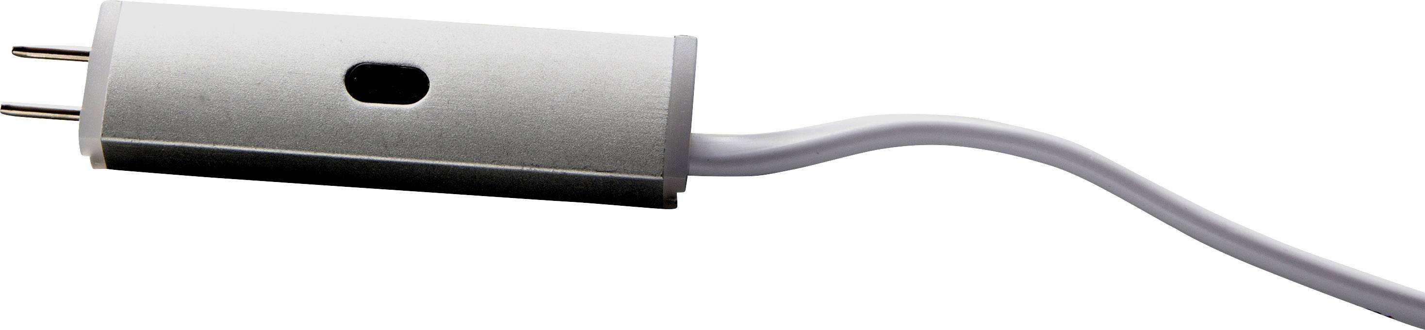 Grey-white electric plug with two metal pins and a cable, presented on a white background.