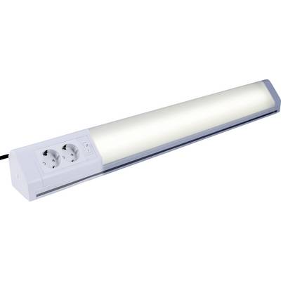 White LED strip with two integrated sockets and a switch, suitable for lighting in kitchen or workshop.