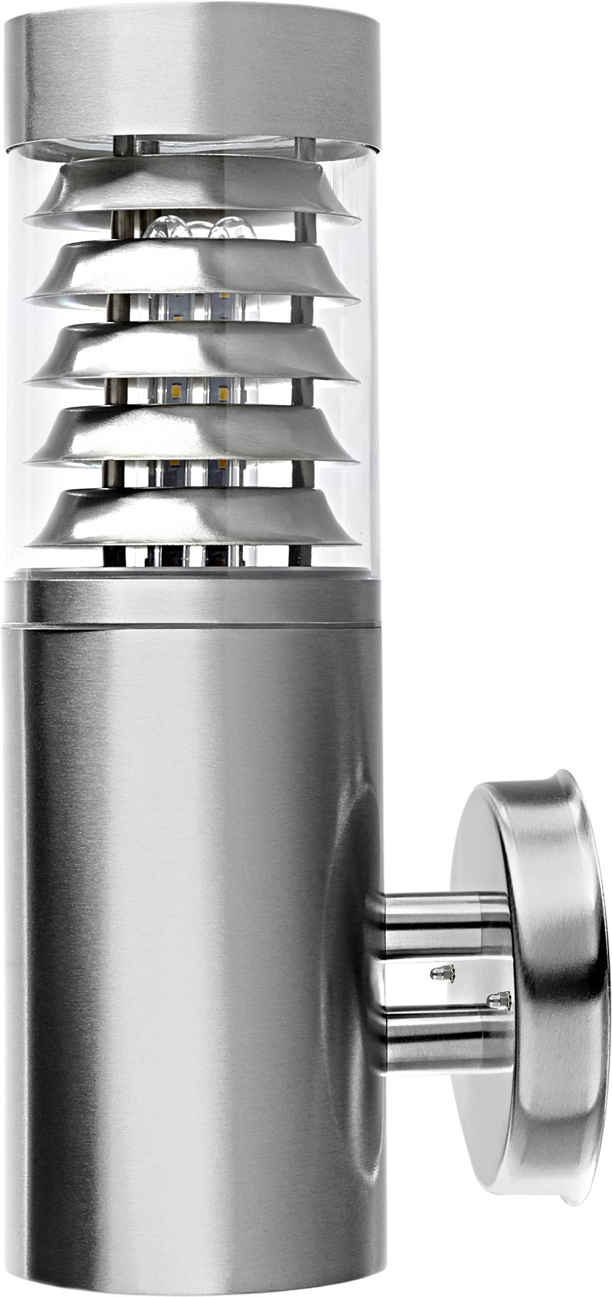 Modern stainless steel outdoor wall light with a cylindrical design and louvres, suitable for walls, offering stylish illumination.