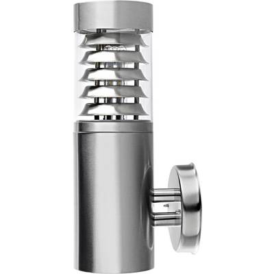 Modern stainless steel outdoor wall light with a cylindrical design and louvres, suitable for walls, offering stylish illumination.