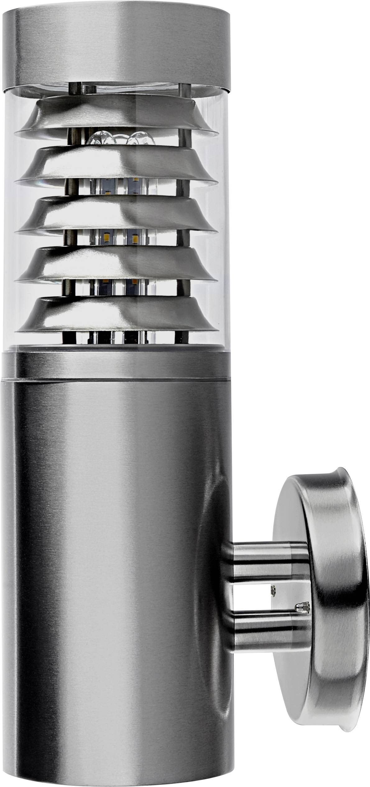 Stainless steel exterior wall light with a modern, cylindrical design and mesh guard around the light source, suitable for contemporary architecture.