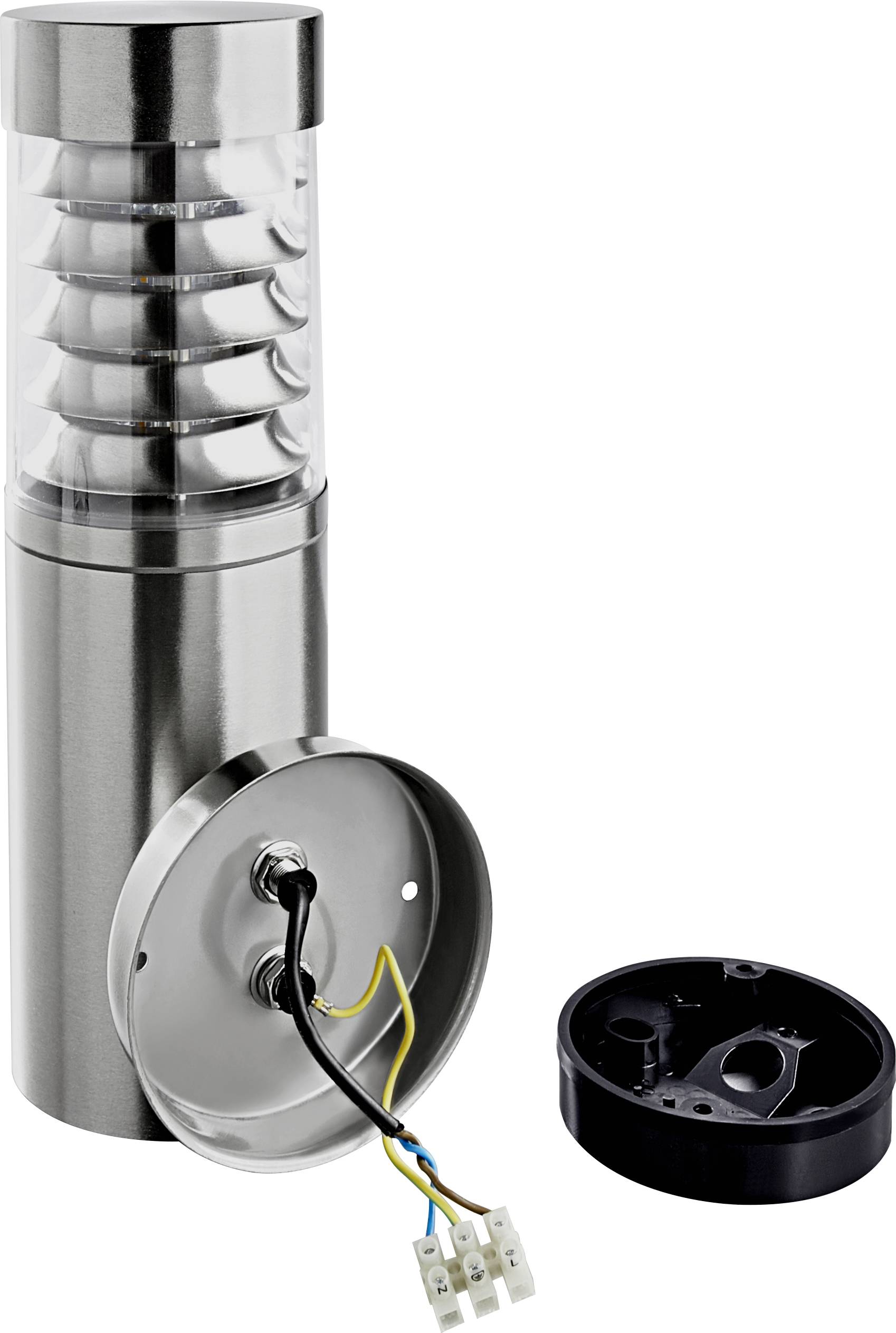 A cylindrical outdoor light made of metal, open with visible cables and connection block, next to a round base mounting.