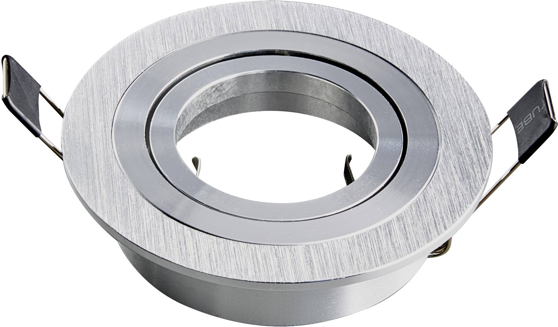 A round, silver recessed frame for lights made of brushed metal with two side brackets for mounting.