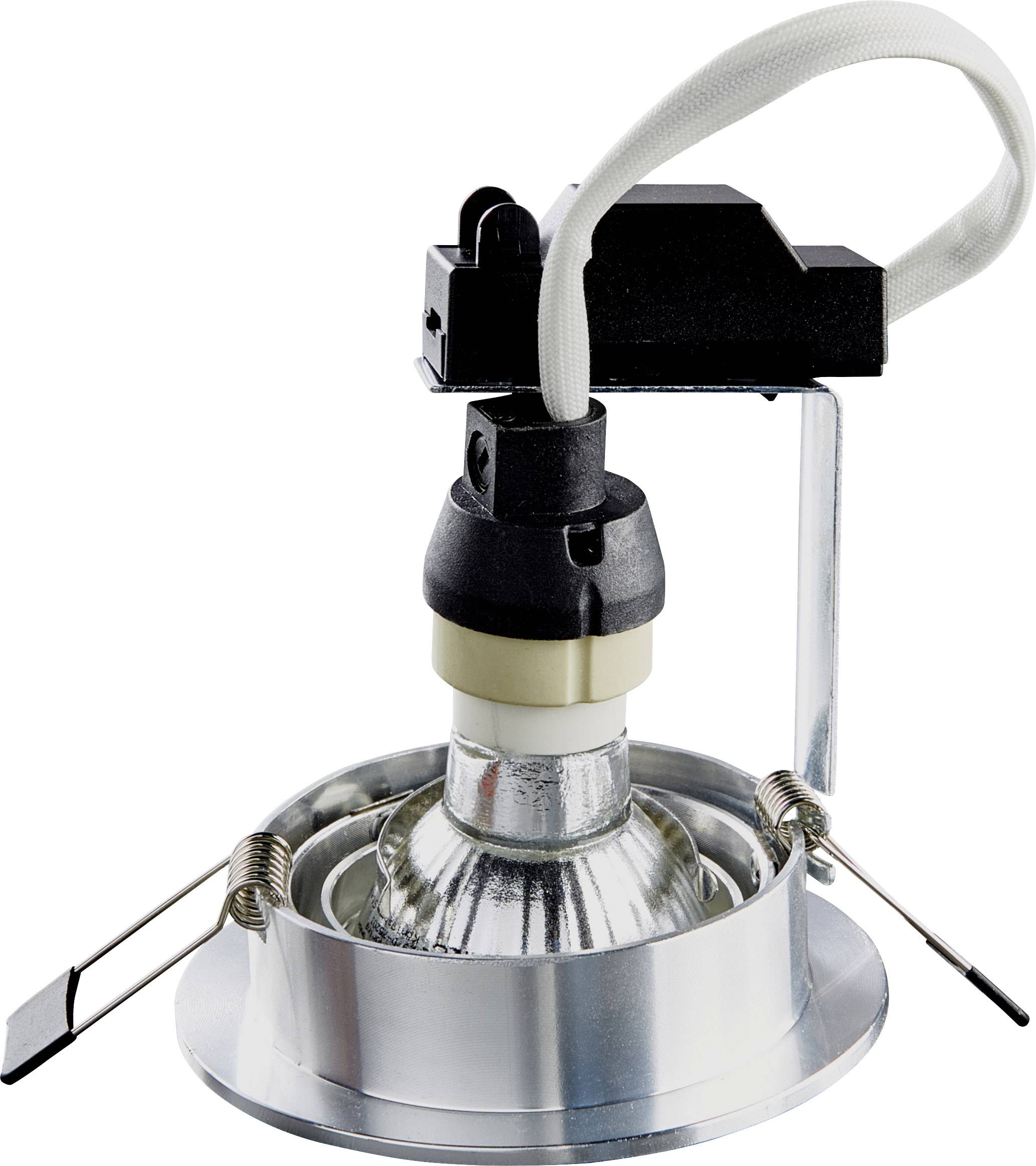 Metal recessed spotlight with mounting bracket and cable; suitable for ceiling installation and interior lighting.