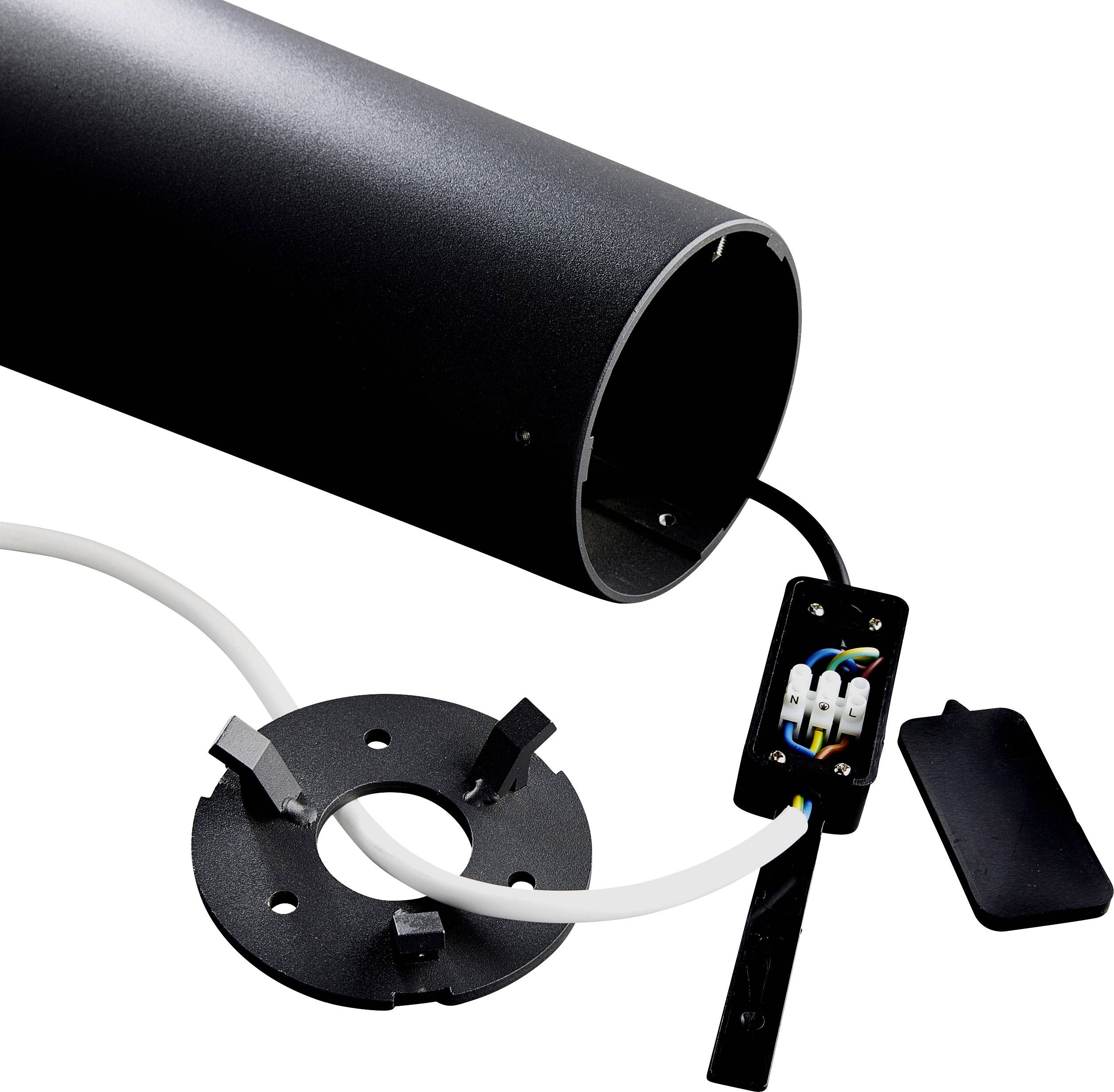 A black cylindrical speaker with an open end and protruding cables for mounting and electrical connection.